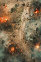 A drones-eye view of a battlefield highlighting troop movements explosions and the overall scope of conflict - obrazy, fototapety, plakaty
