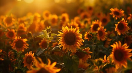 A field of sunflowers with a bright yellow color