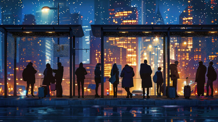 Generate a scene of commuters standing in line at a bus stop beneath the twinkling lights of the city skyline, their silhouettes illuminated by the glow of skyscrapers and street lamps,