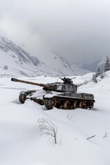 A dramatic scene of an Military tank M1 Abrams engaging in a firefight on a snowy mountain ridge Explosions erupt amidst the snowdrifts