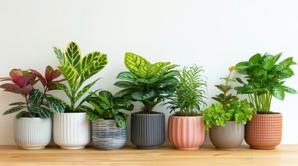 indoor decorative plants in white, gray, and pink vases are displayed on a wooden table against a white wall