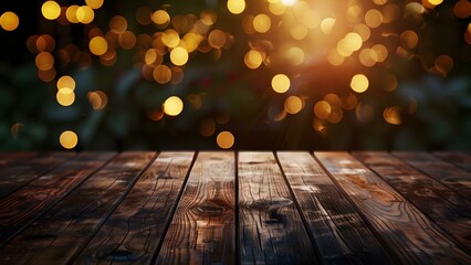 Blurry lights on empty brown wooden table for product display templates. Concept Product Photography, Empty Table, Blurry Lights, Wooden Background, Display Templates