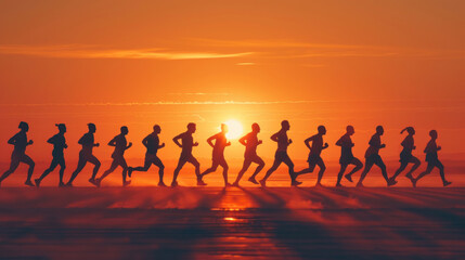Fototapeta premium Generate a silhouette depiction of a group of marathon runners, each silhouette distinct in their style and form, yet moving forward together towards the finish line, embodying the spirit of teamwork 