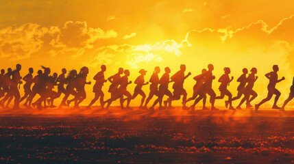 Fototapeta premium Generate a silhouette depiction of a group of marathon runners, each silhouette distinct in their style and form, yet moving forward together towards the finish line, embodying the spirit of teamwork 