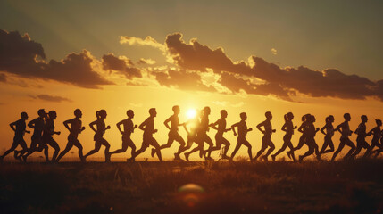 Fototapeta premium Generate a silhouette depiction of a group of marathon runners, each silhouette distinct in their style and form, yet moving forward together towards the finish line, embodying the spirit of teamwork 