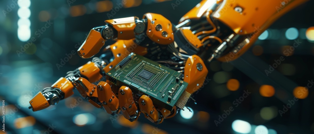 Poster high-tech authentic robot arm holding a powerful supercomputer processor. industrial robot manipulat