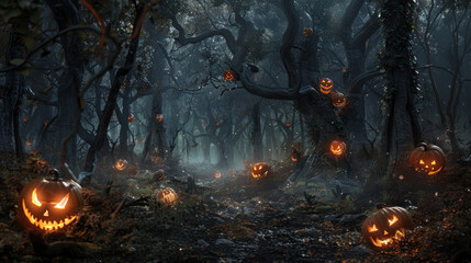 a spine-chilling depiction of an eerie glade nestled within a haunted forest, where sinister pumpkins with twisted grins illuminate the darkness, their eerie glow revealing the malevolent energy 