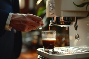 White coffee machine prepares latte coffee, businessman in suit on background