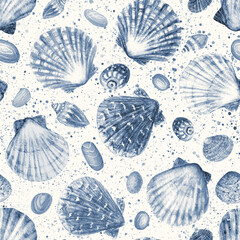 Watercolor sea shells navy blue seamless pattern. Hand drawn ocean background © Olga
