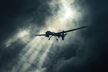 A small tactical drone flying through a beam of sunlight breaking through thick clouds, symbolizing the search for clarity amidst chaos