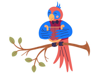 Animal music vector illustration. In enchanted zoo, animals celebrate joyous musical event orchestra melody in animal music festival Happy creatures form. Parrot plays the harp sitting on a branch