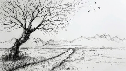 Monochrome sketch of barren landscape with a lone tree and distant mountains