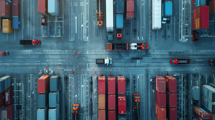 Obraz premium an aerial drone view of a bustling logistics hub, with trucks and forklifts moving goods in and out of warehouses, and shipping containers stacked high, illustrating the flow of goods through