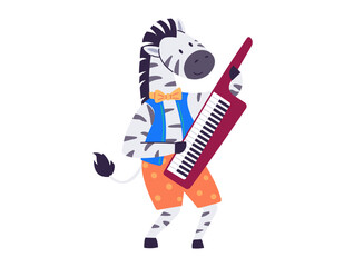 Animal music vector illustration. The enchanted event in zoo is harmonious celebration happiness Join orchestra creatures as they create festive atmosphere in zoo. Zebra plays the electric piano