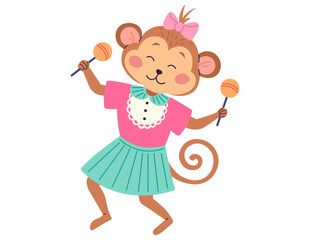 Animal music vector illustration. Creatures unite in joyful music band, transforming zoo into lively event with cheerful orchestra animals in enchanted music party. Monkey dancing with maracas