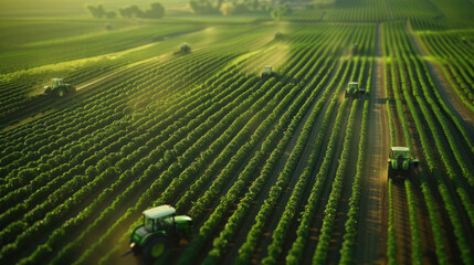 an aerial drone view of a vast agricultural complex, with fields of crops stretching to the horizon and tractors moving in orderly patterns, depicting the scale and efficiency