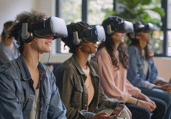 Fototapeta premium A group of students wearing VR headsets, with one student using the technology to interact and engage in an educational experience while others watch from their laptops or smartph