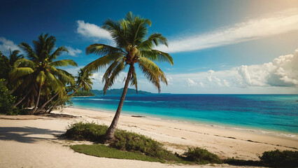 Obraz premium Tropical Paradise: Sunny Beach, Palm Leaves, and Island Bliss with Radiant Sunshine in the Background