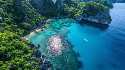 Aerial view of a secluded cove with crystal-clear turquoise water, fringed by lush greenery and dramatic cliffs