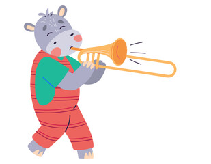 Animal music vector illustration. The music party in zoo is harmonious blend happiness and entertainment Join orchestra creatures as they perform magical animal music metaphor. Hippo plays the trumpet