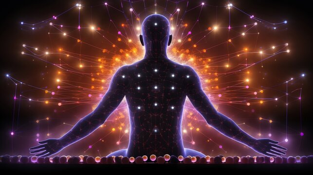 Artistic depiction of the silhouette of a person undergoing both acupuncture and cupping therapy with abstract patterns of energy flow around the body conveying a holistic approach