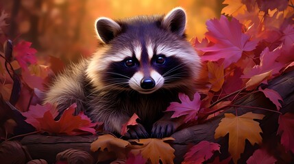 Raccoon in Vivid Autumn Leaves