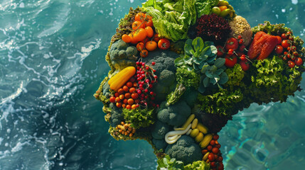 an artistic depiction of a female silhouette surrounded by vegetables like kale, bell peppers, and...
