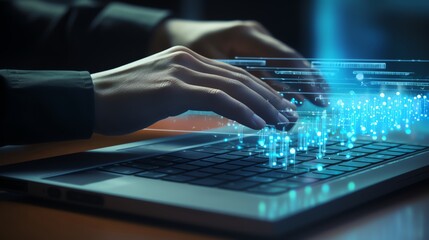 Closeup of a business professional s hands typing on a smart keyboard with holographic screens floating above displaying analytics and cloud data emphasizing advanced digital tools