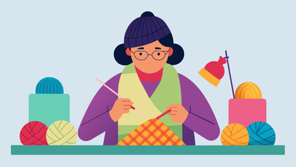 A knitter with OCD who carefully counts and organizes each stitch to create flawless and geometric patterns in her scarves and sweaters.. Vector illustration