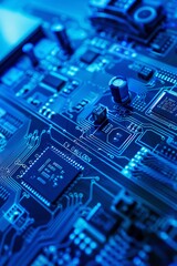 Blueprint close-up of a server blade, emphasizing individual processors, memory modules, and intricate circuit board traces