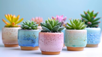 mini cactus plants in cute pots sit on a transparent background against a blue wall, surrounded by a variety of colorful flowers in pink, yellow, green, and blue vases