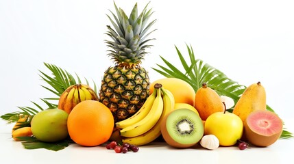 Closeup of exotic tropical fruits on a bright white background suitable for healthy lifestyle and nutrition content