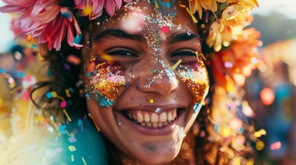 Close-up of a festival-goers face adorned with glitter and a flower crown, their expression full of joy and excitement