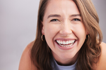 Laugh, beauty and portrait of woman in studio with positive, good and confident attitude. Happy,...