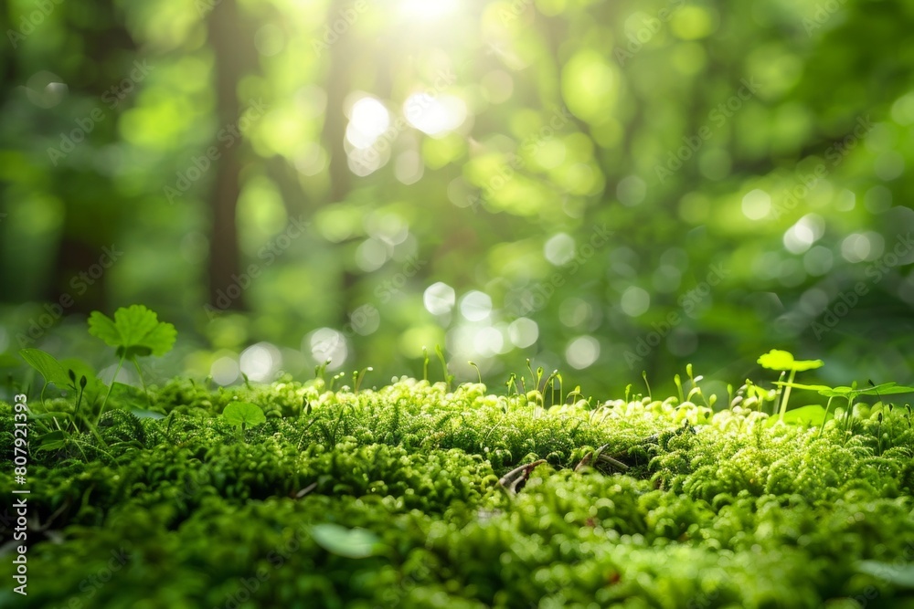 Wall mural Close-up of a patch of lush green moss growing on a forest floor, with sunlight filtering through the leaves above