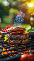 Close-up of a juicy hamburger sizzling on a grill, with colorful condiments and a blurred background of a backyard BBQ