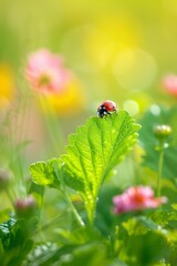Obraz premium Close-up of a ladybug crawling on a vibrant green leaf in a meadow, with a blurred background of wildflowers in the distance