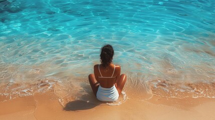 Serene young woman sitting on a pristine white beach, gazing at the clear turquoise waters, embodying peace and tranquility.