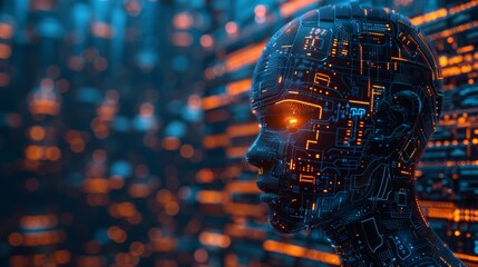 Futuristic AI head profile with digital circuit patterns glowing in neon blue, visualizing advanced technology and intelligence.