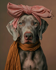 Weimaraner dog is wearing a big bow on his head on a brown background. Minimal fashion dog concept.