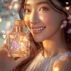 Joyful Asian woman holding an elegant golden perfume bottle, her smile reflecting the luxury and scent's allure.