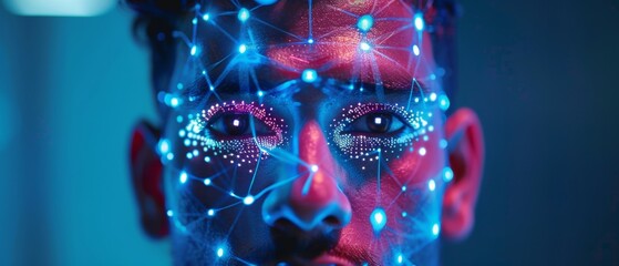 A handsome young Indian man is recognized by a biometric facial recognition scanning process. Concept: A laser identifies the individual by illuminated dots on the face and scanning it with a laser