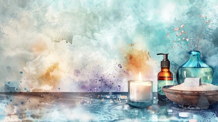Close-up of a spa setting in watercolor style: soft washes of color depict bath salts, essential oils, and a flickering candle