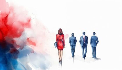 Three men and a woman are walking together in a business suit