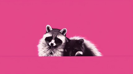 Minimalist digital art featuring a raccoon and a fox sitting backtoback each looking over their shoulder at the other against a solid pink background emphasizing their playful and