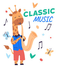 Animal music vector illustration. Creatures celebrate with orchestra, creating joyful music party The animal music concept forth magical fairy tale in heart zoo. Classic music, giraffe plays saxophone