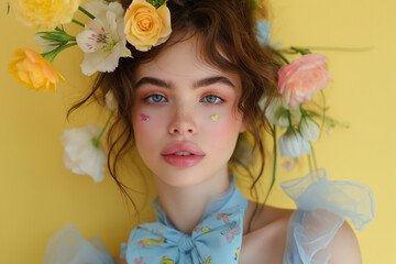 Beautiful fashion model with pink eye makeup and pastel flowers in her hair, wearing a blue shirt with a bow tie on a yellow background. Magazine cover photo.