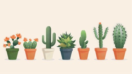 minimalist cactus plants in a variety of colors and sizes, including orange, green, blue, and white, arranged in a row from left to right