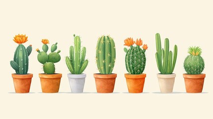 minimalist cactus plants in a variety of colors and sizes, including orange, green, white, and orange - and - white flowers, are arranged in a row in a white vase