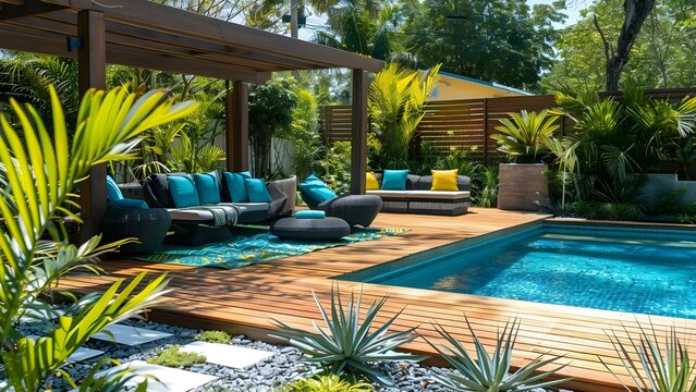 Luxurious outdoor garden with teak deck pergola pool and lounge seating. Concept Luxurious Outdoor Garden, Teak Deck, Pergola, Pool, Lounge Seating